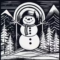 the snowman is on a hill at night,a snowman standing in front of trees