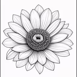 an illustration of a flower with large petals,a sunflower in a square black and white drawing