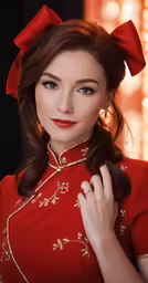 a woman wearing a red dress and a bow tie