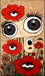 a painting with flowers on it of two eyes
