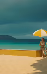 a woman with a yellow and white umbrella sitting on a ledge