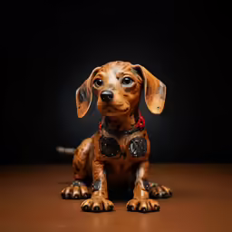 a dachshund figurine with an ad on its chest