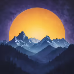 a mountain range in the foreground with the moon rising over it
