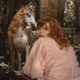 an orange haired woman sits with her legs crossed in front of a dog and another stuffed animal
