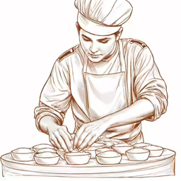 a person in an apron baking cupcakes on a tray