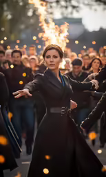 there is a woman standing on a stage with her arms out to show something