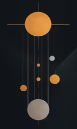 abstract poster of circles hanging from strings in dark background