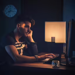 man sitting in front of computer desk at night, with his hand on the keyboard and looking at screen