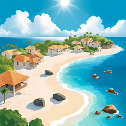 there are many houses and rocks by the ocean