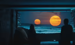 the sun setting behind some people watching something