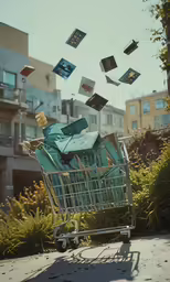a shopping cart with many books falling from it