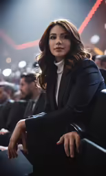 a beautiful woman in a black suit sits next to another man