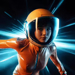 a woman wearing an orange outfit in an image with blue lights around her