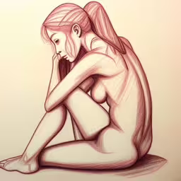 a drawing of a naked female sitting on the ground,a woman is sitting on the ground looking at her phone