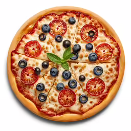 a whole blueberry pizza on a white plate