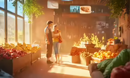 two people are standing in a store with many types of fruit