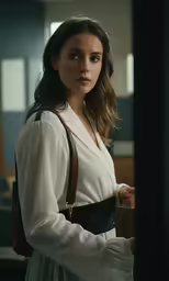 a woman in a white dress and brown purse standing next to a window