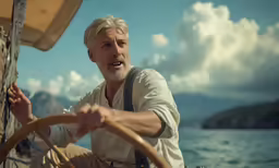 an older man steering a boat in a lake