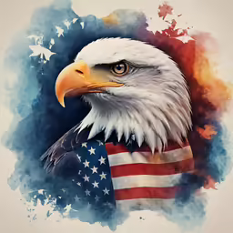 a eagle and an american flag are on a watercolor background
