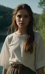 a woman is standing in front of water wearing a shirt and skirt