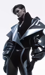 a person in black and silver with a suit