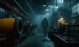 a man walks through an industrial setting with bright lights