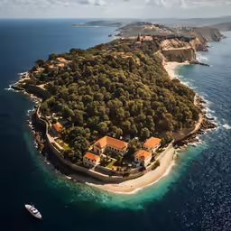 a boat is in the water near an island