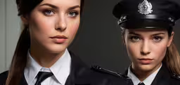 two young women in uniforms, the one looking to the right,two women wearing uniform posing for a photo