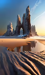 some rocks are in the sand and one is rock formations
