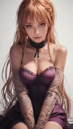 a woman in purple has stockings over her breasts