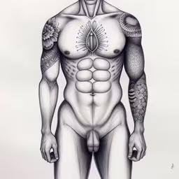 a man has an enormous tattoo and some long legs,a man with an alien head and a strange body,an image of a drawing of a man with a beard,a man with no shirt and tattoos stands in a pose,a man with a snake head tattoo on his chest