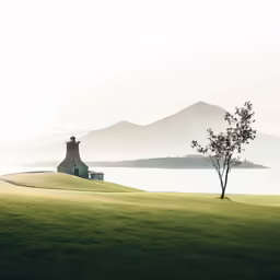 a lone tree on a grassy hill beside the lake