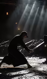a person is standing in a darkened room with debris