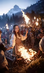a woman wearing an over sized dress standing by a campfire with people sitting around her watching it