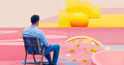 the man is sitting in a chair and a brightly colored background