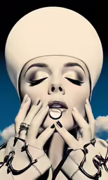 a woman wearing a hat and gloves holding her face up