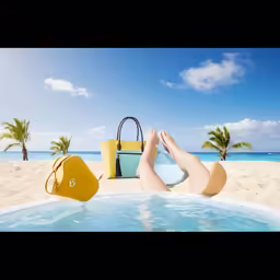 a person with their feet up laying in an empty pool with a yellow bag and a blue bag in front of them