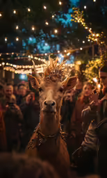 a group of people standing around looking at an animal with some lights all over its face
