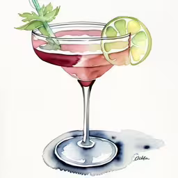 watercolor painting of a cocktail with lime and garnish,a cocktail painted with watercolics by artist mark brugh