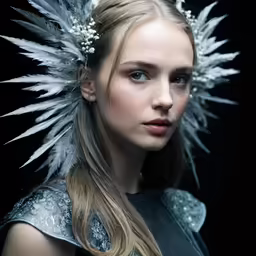 a close up of a girl with feathers on her head