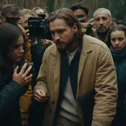 a man in a brown coat surrounded by photographers