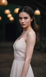 a woman in a white gown stands at the end of an alley