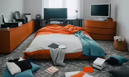 the room has many pillows and colorful throws on it