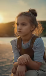 a young girl on the beach wearing overalls and a shirt