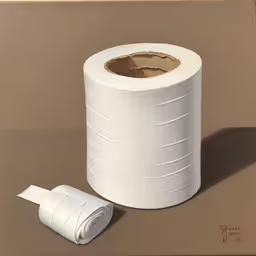 a painting of some toilet paper next to a roll of toilet paper,a toilet paper rolls and a roll of toilet paper,a picture of a roll of toilet paper next to the toilet paper,the top of a roll of toilet paper,an oil painting of a white rolled paper