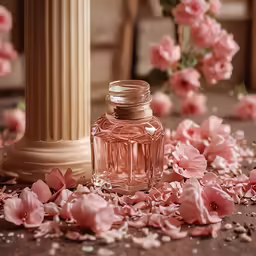 bottle of liquid with flowers on a table