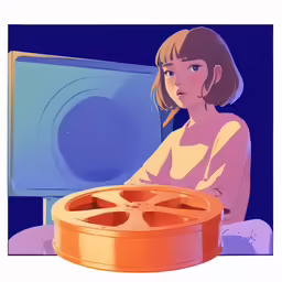 a cartoon of a woman at a table and looking at something