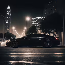 a black sports car sitting next to some tall buildings