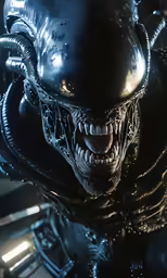a big shiny black alien head with very sharp teeth