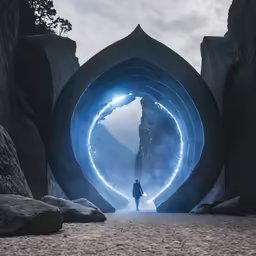 there is a person standing near a large rock